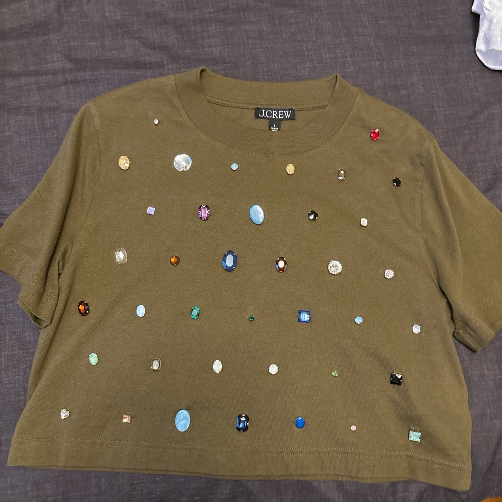 J.Crew Olive Green Embellished T-Shirt